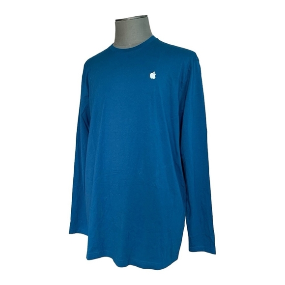 NWT Unisex Top Apple Long Sleeve Turquoise Blue Cotton Tee Crew Neck T-Shirt - Picture 2 of 5